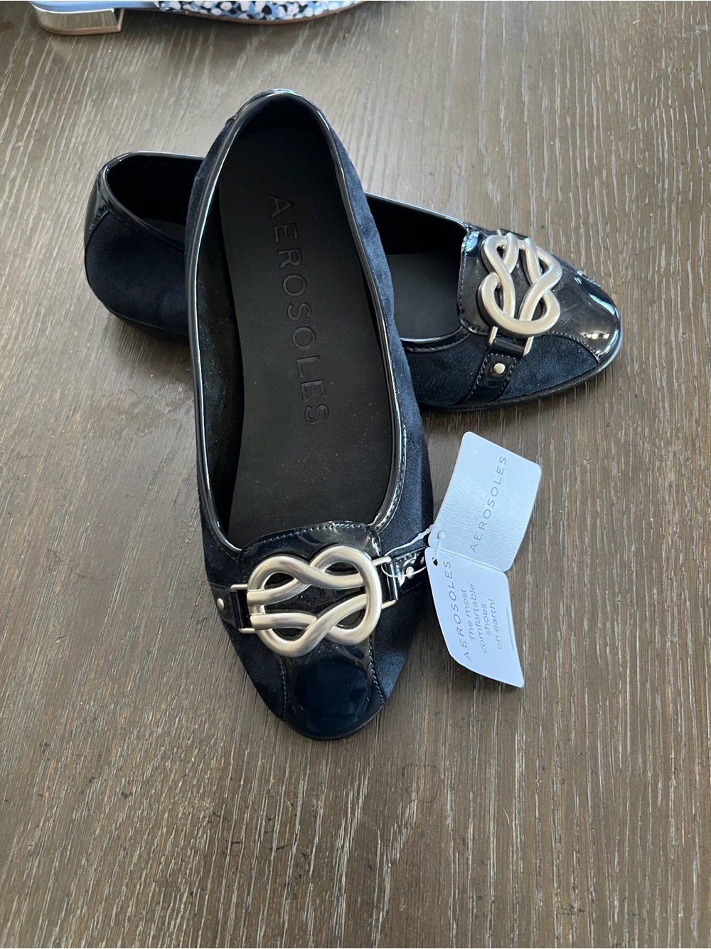 AEROSOLES Navy Patent Toe Ballet Flats with Silver Knot Accent